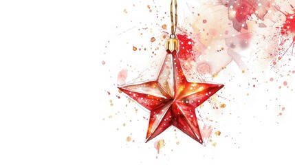 White background, digital art, super detailed watercolor, hanging christmas decoration star, expensive red and gold color, pinterest , christmas tree decoration  