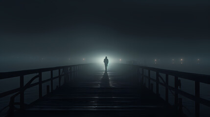 Obraz premium A lonely figure stands at the end of the endless pier