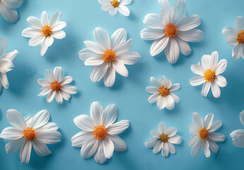 Vibrant Cosmos and Daisy Flowers Floating on Serene Blue Background