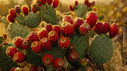 Sun-kissed prickly pears on opuntia cactus in desert. - obrazy, fototapety, plakaty