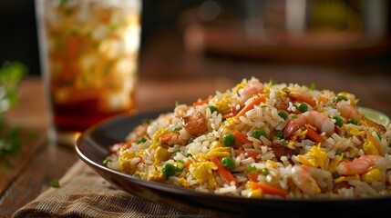 Hearty American fried rice with prawns, peas, carrots, and egg garnished with cucumber and lime
