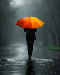 Person in nature with orange umbrella under liquid sky