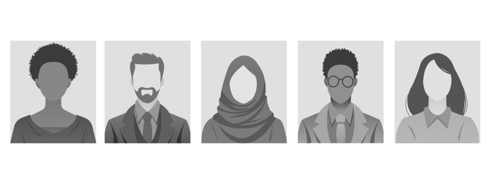 grayscale Avatar, user profile, person icon silhouette, profile picture for unknown or anonymous individuals. illustration portrays man and woman portrait for social media profiles, icons, screensaver