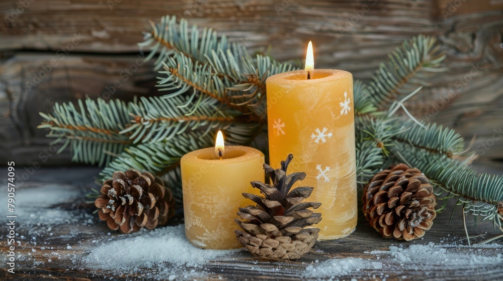 Sticker vintage christmas theme pair of candles pine cones and fir branches on a wooden backdrop