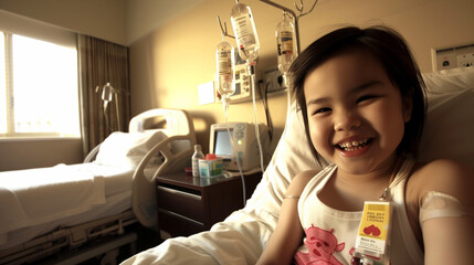 A heartwarming scene unfolds in a hospital room, featuring a cute girl receiving an IV treatment. Despite the medical setting, the girl's demeanor exudes resilience and innocence, showcasing her brave