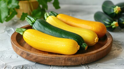 Yellow and green squash on wooden plate and stand on light background