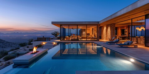 outdoor living space - modern mansion in the desert at night with swimming pool