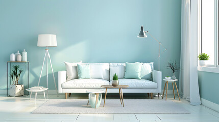 a beautiful  clean, modern style natural living room with perfectly bright diffuse lighting