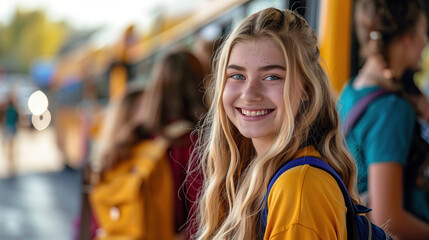 Obraz premium School Bus Pretty teenage girl Student After Getting Off Of Bus