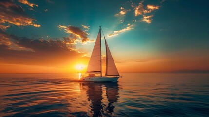 Sailboat sails the ocean during sunset