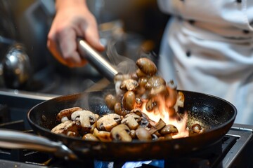 sautéing a mix of gourmet mushrooms in a sizzling pan