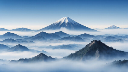 Minimalistic Japanese-style mountain background in shades of blue, with fog veiling the serene landscape, offering variations in color.