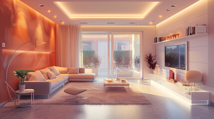a beautiful  clean, modern style natural living room with perfectly bright diffuse lighting