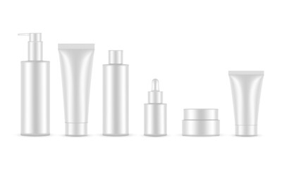 Cosmetic Packaging Set. Jar, Tubes, Dropper and Pump Bottles. Vector Illustration