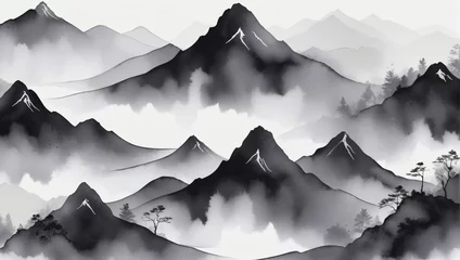 Türaufkleber Minimalistic mountain landscape with watercolor brush in Japanese traditional style. Wallpaper with abstract art in monochromatic shades of gray and black. © xKas