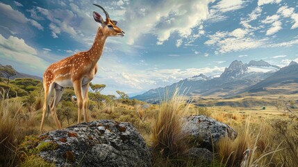 Fototapeta premium A deer stands on a rock in a grassy field