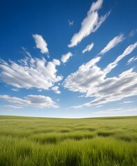 Fototapeta premium A wide open grassy field with a blue sky and wispy clouds above