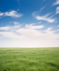 Fototapeta na wymiar A wide open grassy field with a blue sky and wispy clouds above