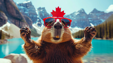 Joyful Canadian beaver with maple leaf glasses at a mountain lake for Canada Day - obrazy, fototapety, plakaty