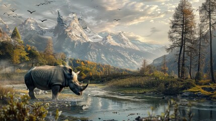 A rhino is standing in a grassy field next to a river - obrazy, fototapety, plakaty