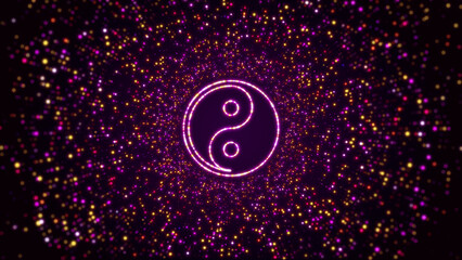 Abstract Digital Space Dark Shiny Purple Yellow Yin And Yang Taoism Symbol Border Frame With Glitter Sparkle Dots And Lines