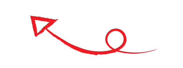 Red hand-drawn brush stroke arrow on a white background.