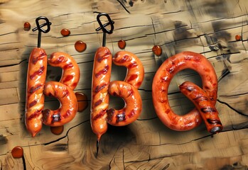 BBQ sign made from Sausages on a wooden background