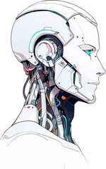 Anime Robotics and AI light blue color, Robot face and Brain create by electrical and quantum computer.. Machine Learning Artificial intelligence,. Humanoid head. Future concept. Male android face. 