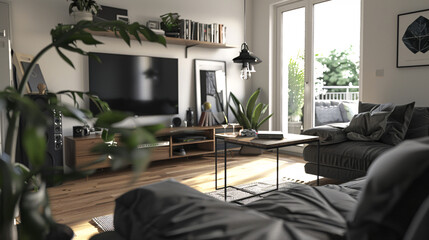 a beautiful  clean, modern style natural living room with perfectly bright diffuse lighting