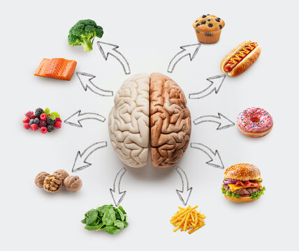 Healthy and unhealthy food for the brain and the mind. Creative concept. Fruits, nuts, vegetables vs. fast food and sugar. Ai
