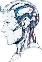 Anime Robotics and AI light blue color, Robot face and Brain create by electrical and quantum computer.. Machine Learning Artificial intelligence,. Humanoid head. Future concept. Male android face. 