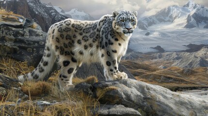 A snow leopard is standing on a rock in front of a mountain