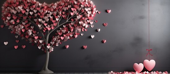A tree trunk adorned with heart shapes against a textured wall