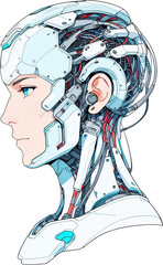 Anime Robotics and AI light blue color, Robot face and Brain create by electrical and quantum computer.. Machine Learning Artificial intelligence,. Humanoid head. Future concept. Male android face. 