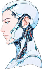 Anime Robotics and AI light blue color, Robot face and Brain create by electrical and quantum computer.. Machine Learning Artificial intelligence,. Humanoid head. Future concept. Male android face. 