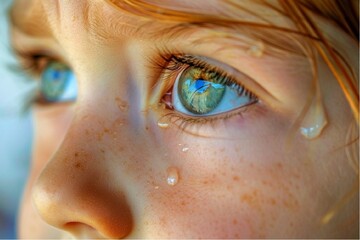Wide shot of a child's adorable eyes filled with tears. One big tear on my cheek.Emotions