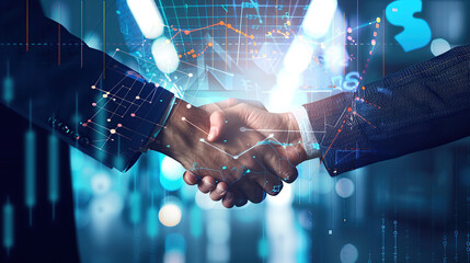 Businessmen handshake global stock market graph bar chart Digital innovative technology internet communication agreement partnership teamwork concept transformed