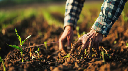 Close-up of farmer's hands planting seedlings in the field.
