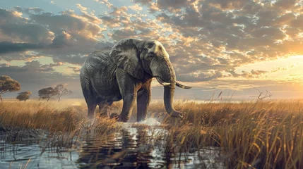 Foto op Plexiglas A large elephant is standing in a field of tall grass near a body of water © OZTOCOOL