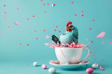 ??inimalistic conceptual art photo of a blue chicken and quail eggs in a white coffee cup on a saucer, decorated with a pink sisal and confetti on a blue background. Copy space. Advertising design. .