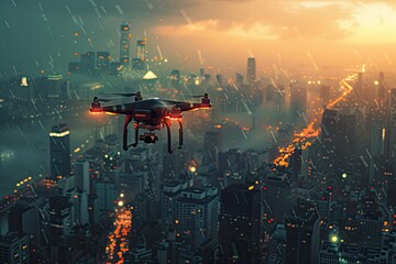 A drone flies around the city during the rain.
