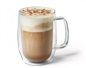 Obraz premium A Pumpkin Spice Latte Elegantly Presented in Double-Walled Glass Against a Minimalist White Background