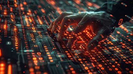 The programmer's hand is on a large keyboard table. The concept of virtual reality.