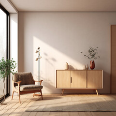 Mockup minimal living room light color wooden decors
