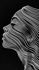 A woman face shape made of op art, optical art, trace monotone, bold lines, black and white, isolated on a black background