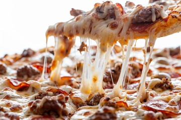 Close-up of a cheese pull from a meat lover's pizza slice