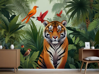 Jungle, tropical illustration. Tropical floral background with palm trees, plants, wild animals tiger, bear, birds. Exotic jungle wallpaper for kids room, interior design. mural art