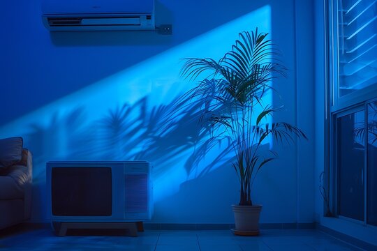 Minimalism. Conceptual art. The whole picture is blue and cold because the air conditioners in the room have cooled the air too much, so much so that even the plants in the room are frozen. .
