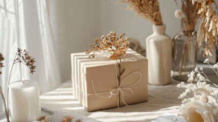 Eco-friendly gift packaging with natural decorations in a minimalist setting