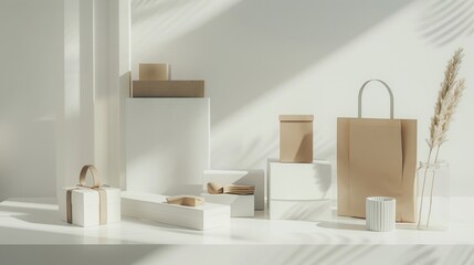Elegant minimalist packaging design presentation in bright studio light
